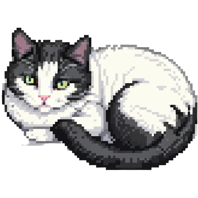 curled up black and white cat pixel art emoji