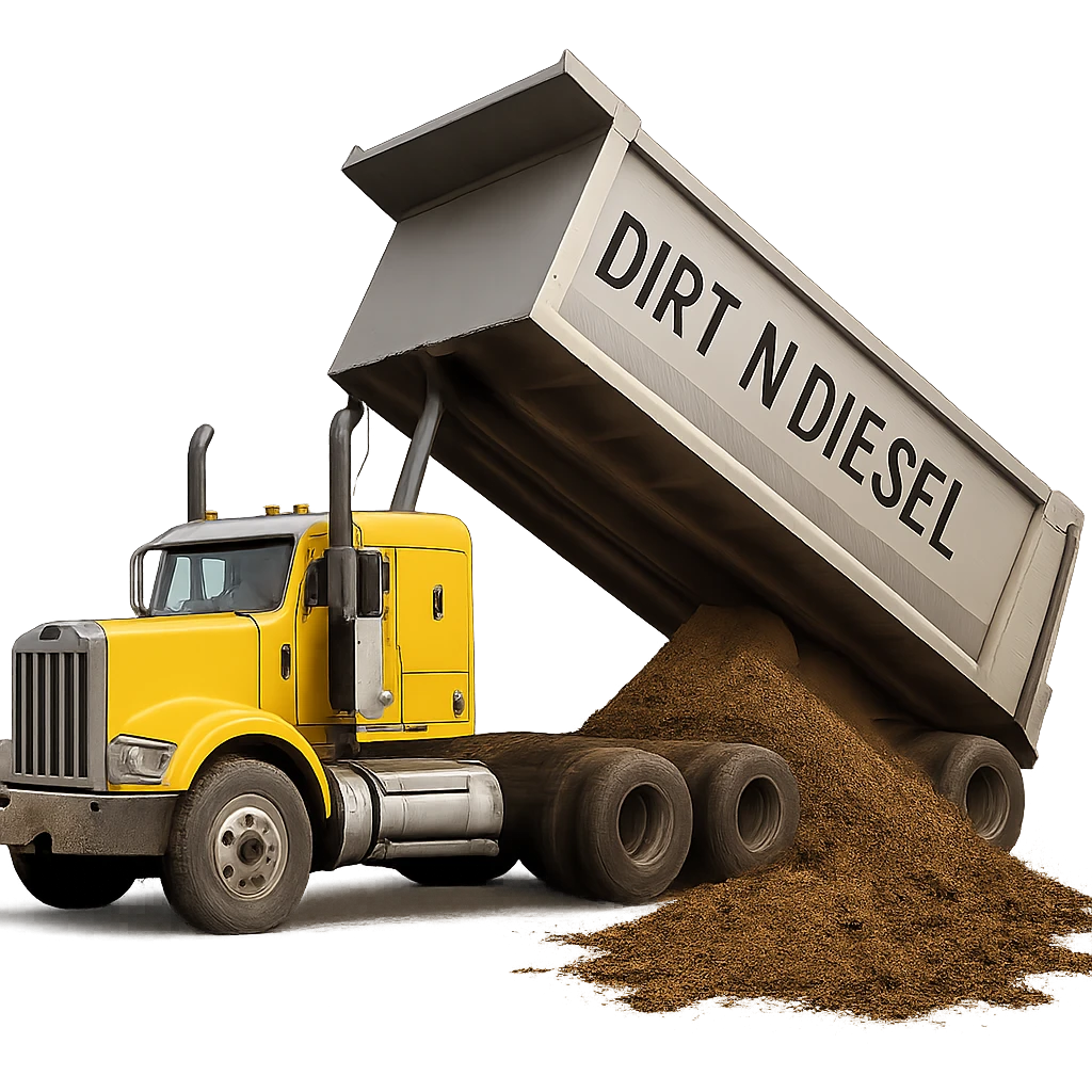 Make the yellow sleeper semi and silver dump trailer with 'Dirt n Diesel' text and dirt pouring out look more life-like and realistic, keep the dumping action, no background. emoji