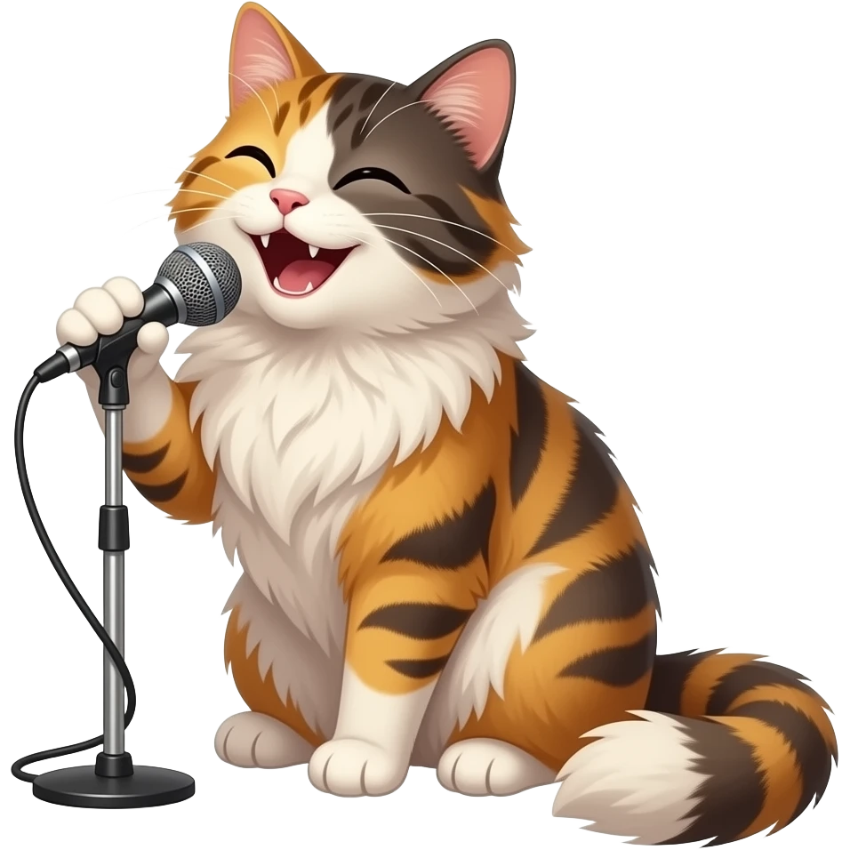 smiling very long-haired calico cat singing karaoke emoji