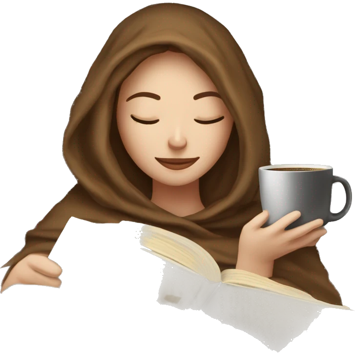 White Girl relaxed reading a book under a blanket with coffee in her hands emoji