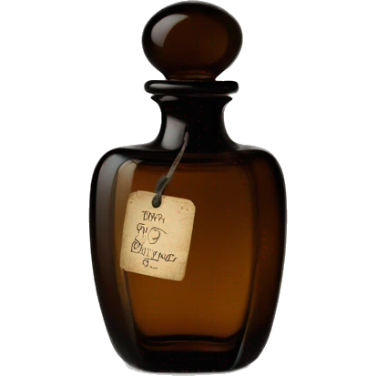 English vintage glass perfume bottle from my grandmother, old and shabby, with a label, stylish and minimalistic, black and brown emoji