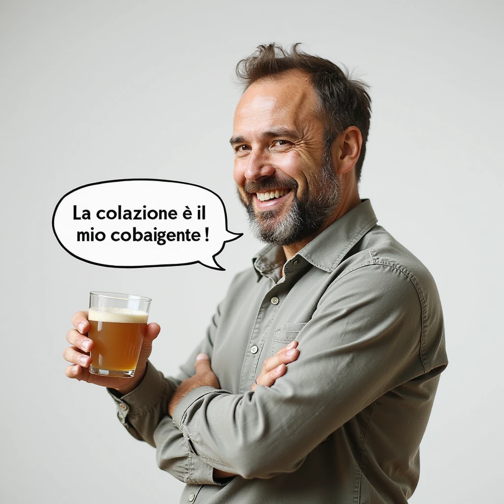hyperrealistic 4K man isolated on white background with a speech bubble saying 'La colazione è il mio carburante!', smiling expression, natural pose, realistic details emoji
