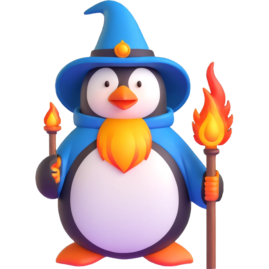 penguin wizard with fire staff and flames emoji