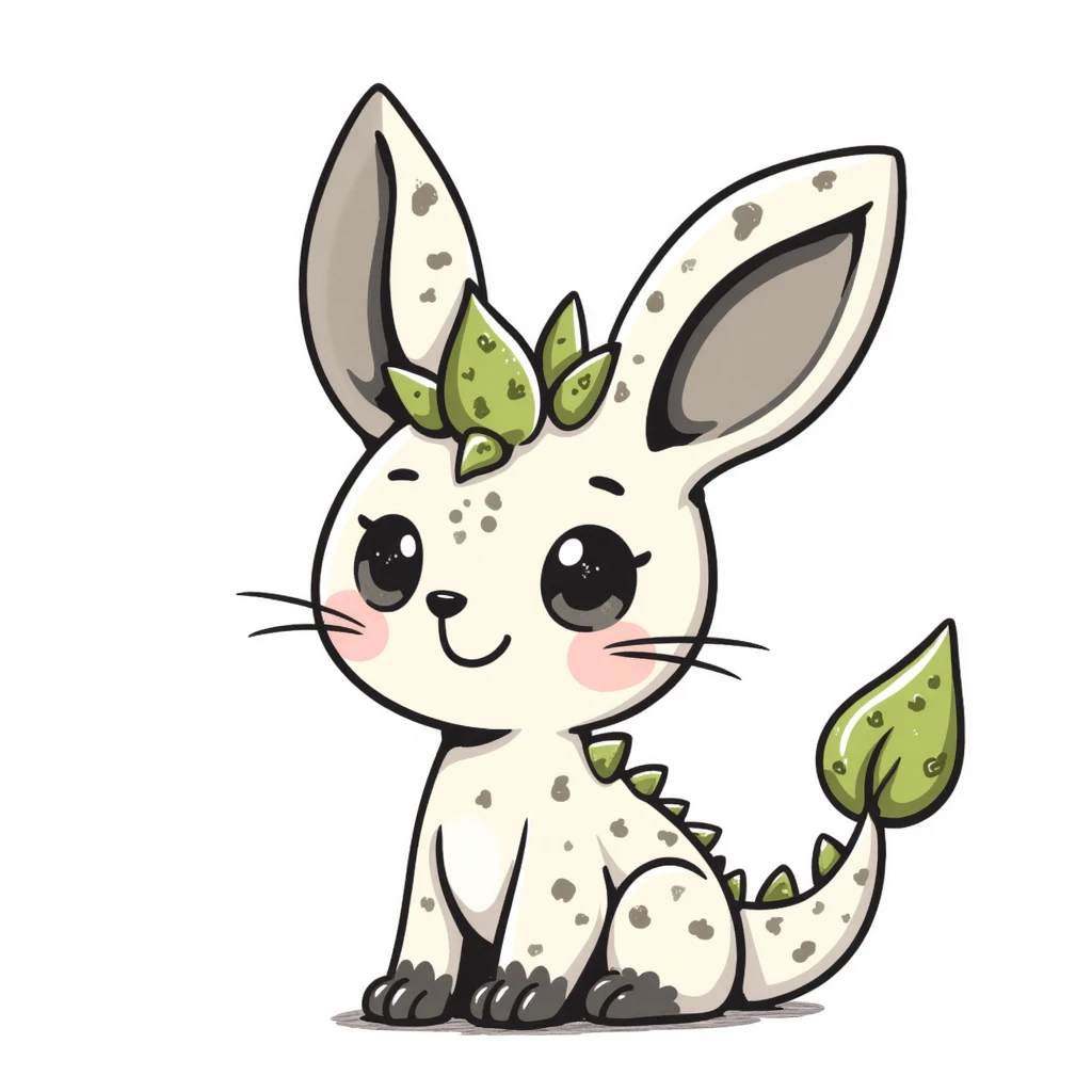 Kawaii bunny plant dragon with tiny spikes, extremely cute, giant sparkly eyes, blushing cheeks, pastel colors, small mouth, adorable expression, colored pencil texture, visible pencil strokes, soft blending, textured shading emoji