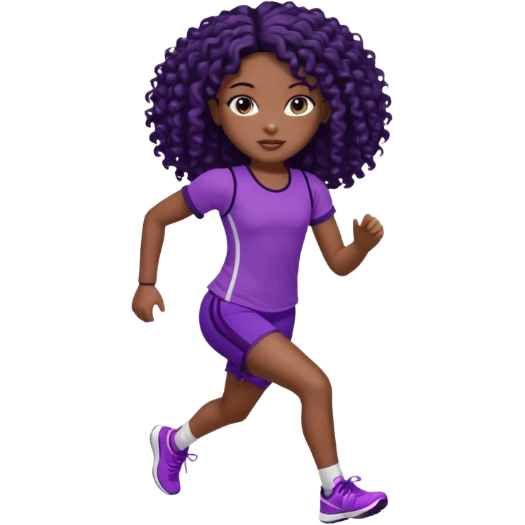 Uma boneca morena escura com olhos castanhos e cabelo cacheado longo preto até o peito, treinando correndo a roupa top até o meio da barriga roxo com detalhes preto e short roxo com detalhes preto emoji