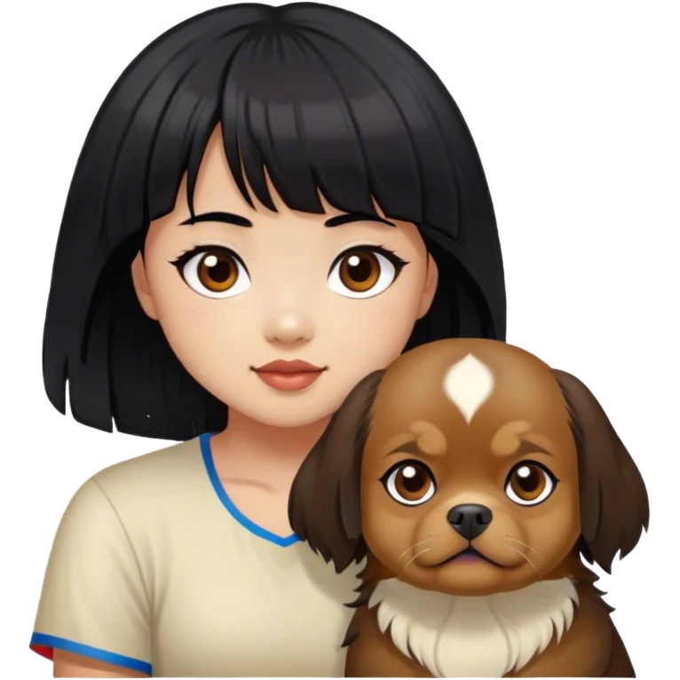 filipino girl black hair and bangs with cute big eye tibetan spaniel emoji