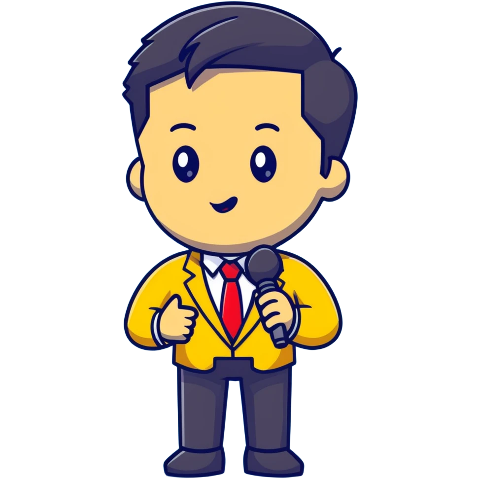 Man with black pulled back hair, wearing a yellow suit and red tie, holding a microphone emoji