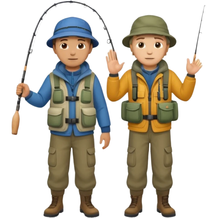 Father and son in fishing gear gesturing that they are cold, full body emoji