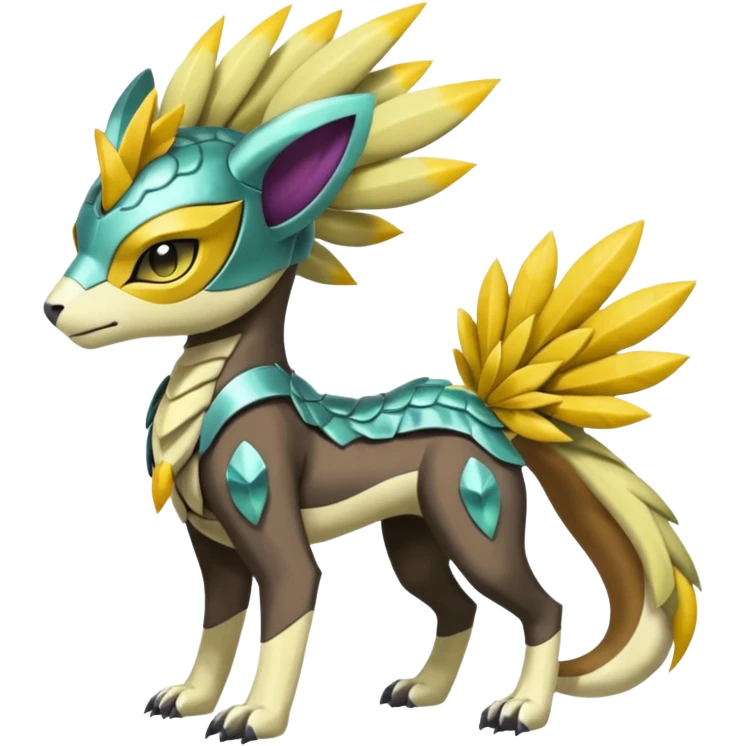 Colorful masked armored leathery scaly furry Futuristic Meloetta-Manectric-Solgaleo-Raikou-Pokémon-Digimon-Fakémon-fusion-hybrid-creature emoji