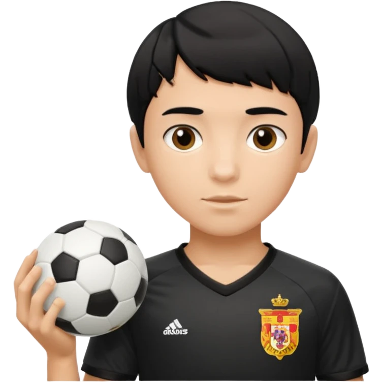 Spanish boy with black hair with bowl cut and black and white soccer jersey on emoji