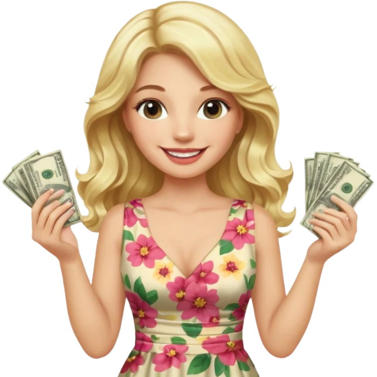 rich long hair blonde australian millionare woman holding a lot of money wearing cute floral dress emoji