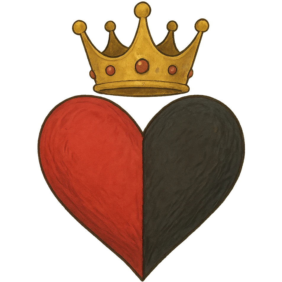 ghibli style heart 75% red and 25% black with a queen's crown on top emoji