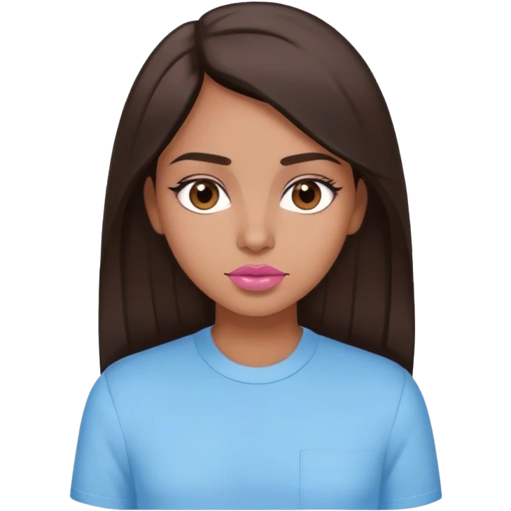Brown girl with dark brown hair that’s straight and down with dark brown eyes and wearing a pastel blue shirt and pink lips emoji