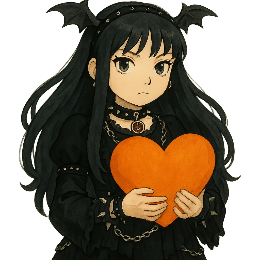 Remove the background while keeping the soft and painterly Ghibli style. Add goth accessories to the character. emoji