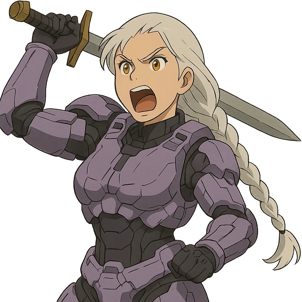 female, wearing reach spartan armor default, long white braid hair, gold yellow eyes, attention pose, HALO:series, no helmet, the armor is lavender color scheme, shoulder pad off. DDD bust size fitting. Punk gothic cyberpunk, brandishing a sword, preparing to swing and yelling emoji