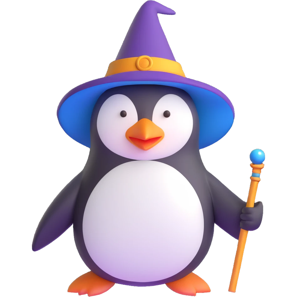 penguin wearing a wizard hat and holding a magic wand emoji