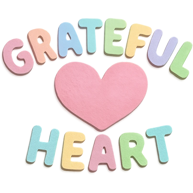 "Grateful Heart" in soft pastel rainbow soft puffy lettering, cute hand-drawn font, no outline, transparent background emoji