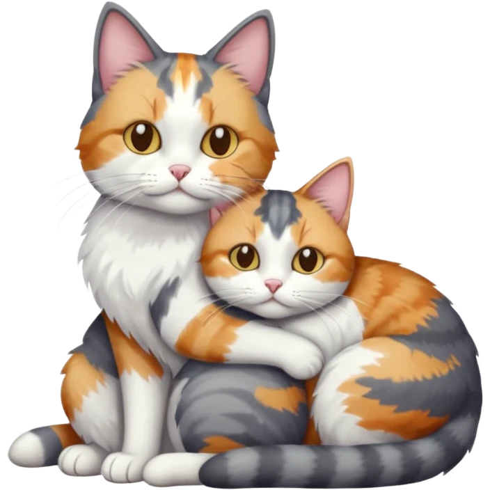 full body colourful light patched calico + white tabby cat cuddling a large grey and white cat  emoji