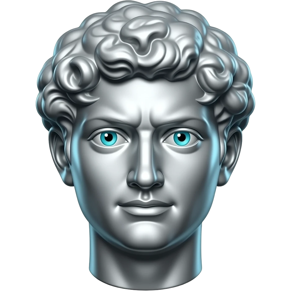 "A glasy/chrome stoic Greek statue head, front-facing, serious focused expression, subtile smile, glowing cyan (#00D4B1) eyes, dark background. Chrome reflections, subtle cyan light accents. Clean, no background, emoji style, high detail. The statue represents discipline, focus, self-mastery." emoji