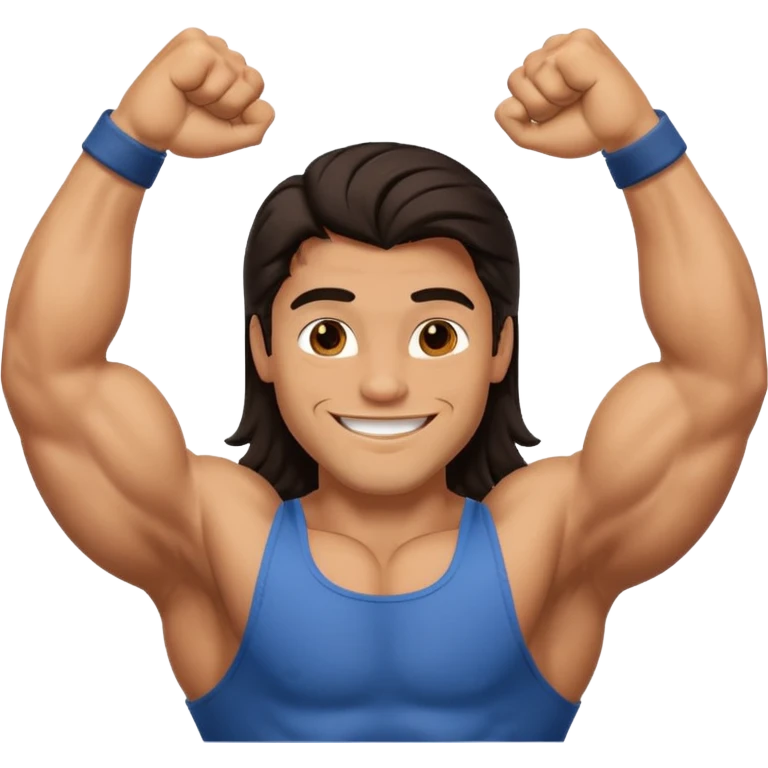 muscled happy guy showing biceps, long dark hair emoji