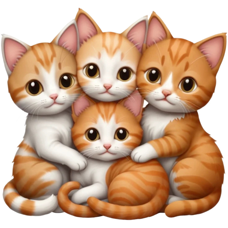 3 very small kittens cuddling together all different colours, the first one is grey and white, the second is ginger and white and the third is brown tabby and white emoji