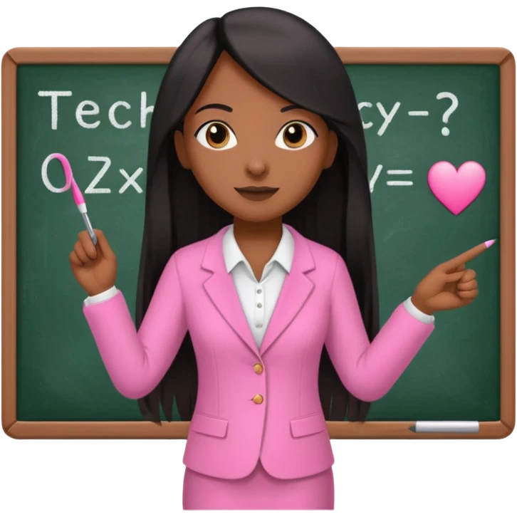 a brown skin teacher with hair with black straight long hair wearing pink not hot pink 2 piece set teaching up on a board the board  emoji
