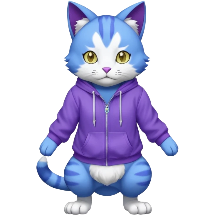 Blue cat-garurumon-purloin-feline-Fakemon-Digimon-creature wearing a violet hoodie fursona (full body)  emoji