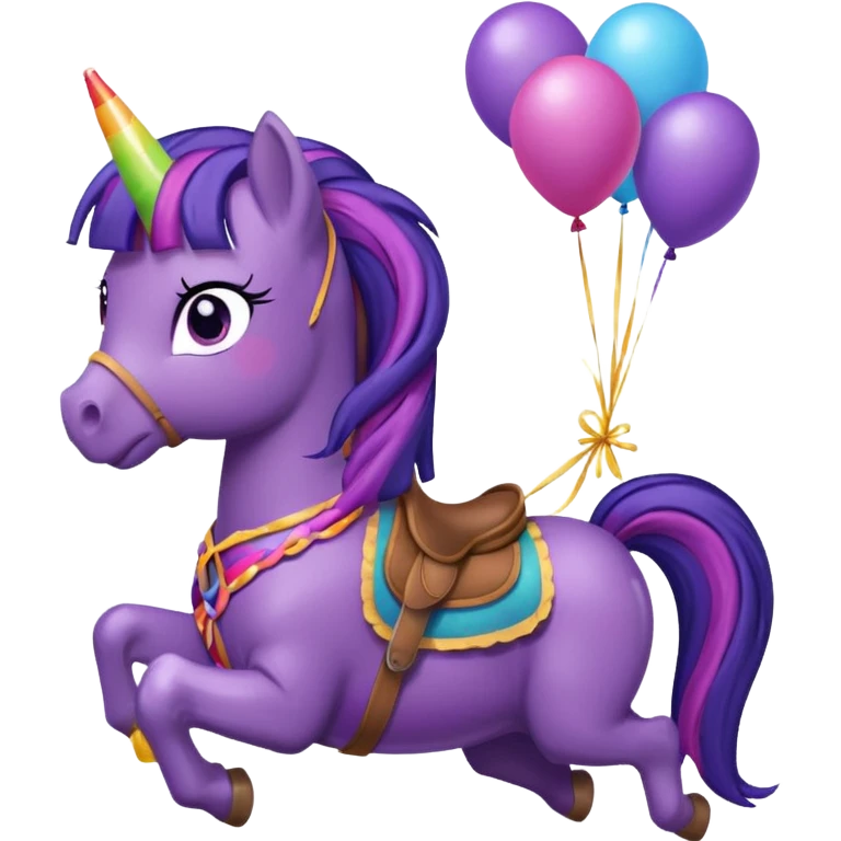 twillight sparkle mlp holding colorful balloons tied to its saddle, looking cheerful. emoji