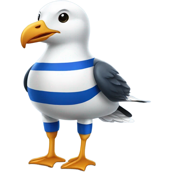 Seagull dressed in blue and white stripes soccer uniform  emoji