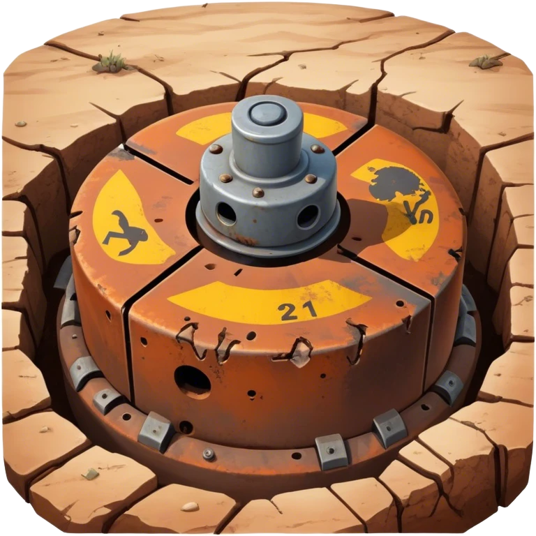 A close-up of an old, rusty landmine partially buried in the ground, with a weathered surface and warning signs around it, in a desolate, war-torn landscape emoji
