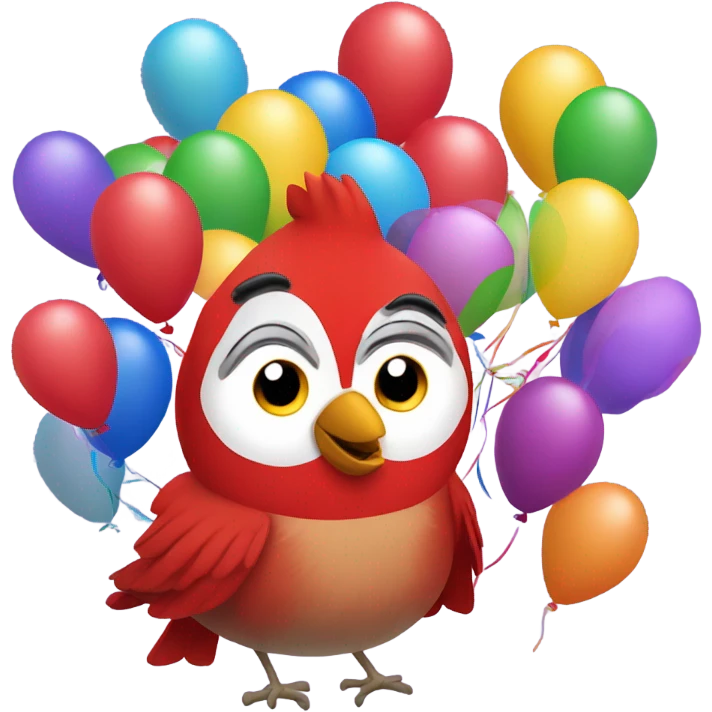 Happy red cardinal with birthday balloons emoji