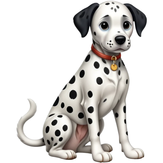 cinematic-[dalmatian dog]-realistic-full-body-sitting-emoji,-tail-resting-loosely-beside-its-paws,-head-tilted-dramatically,-sleek-[spotted]-fur,-simplified-yet-realistic-focused-features,-highly-detailed,-glowing-with-an-almost-sarcastic-glow emoji