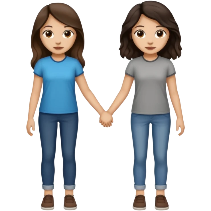 Longer wavy hair for one and straight for the other both dark brown hair. Light skin tone holding hands. Both woman emoji