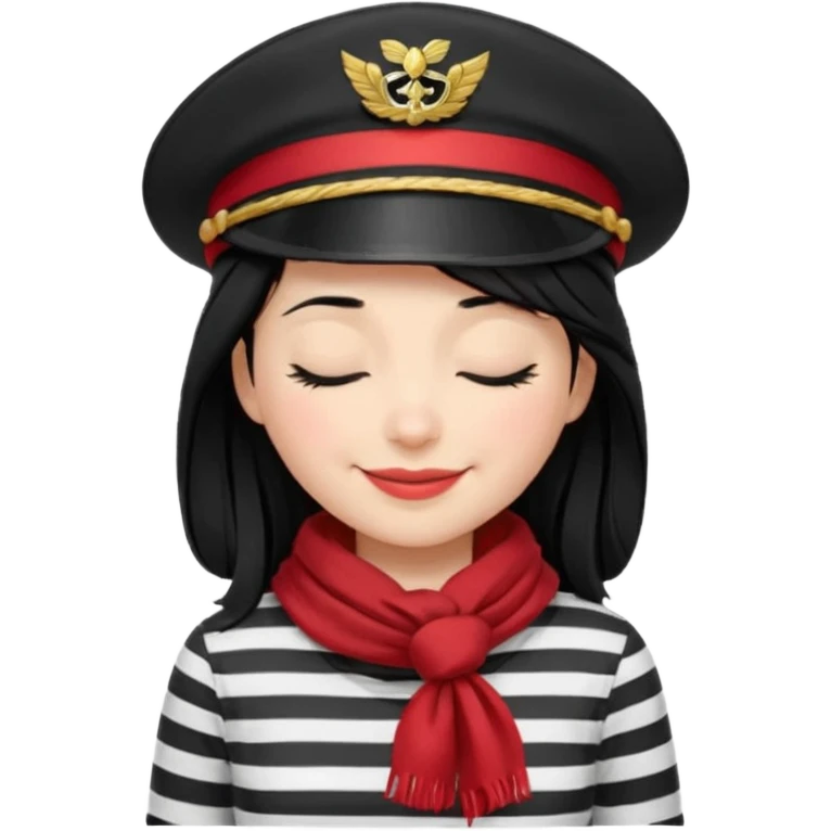marinera de pelo negro piel blanca con camisa a rayas blanco y negro y pañuelo rojo y gorra de capitana y sonrisa con ojos cerrados emoji