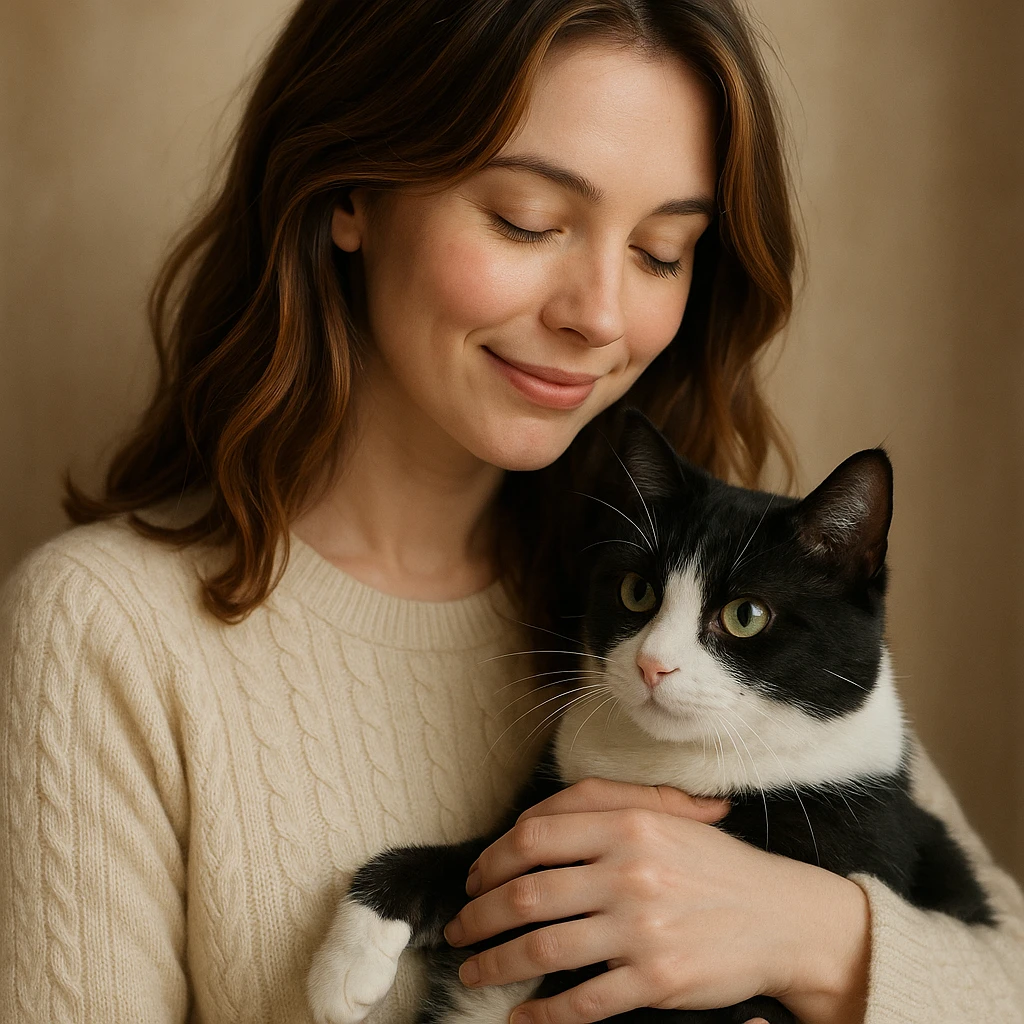 a woman with highlighted brown hair in a cream sweater holding a black and white cat, gentle and sweet atmosphere emoji