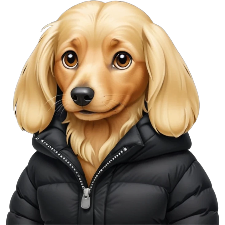 Long hair blonde Daschund dog in huge black puffer  emoji