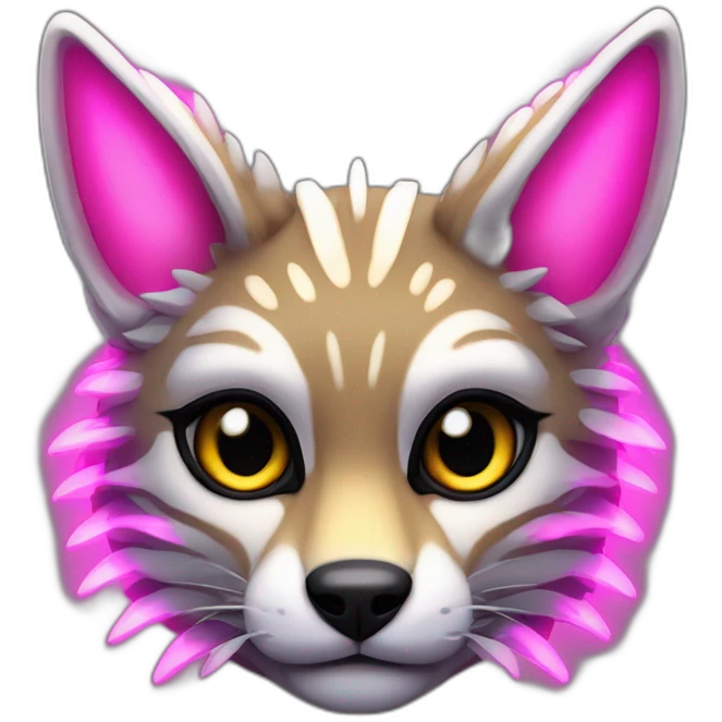Coyote ocelot with grey and black fur and phoenix wings and pink ears half skeleton, neon lights emoji