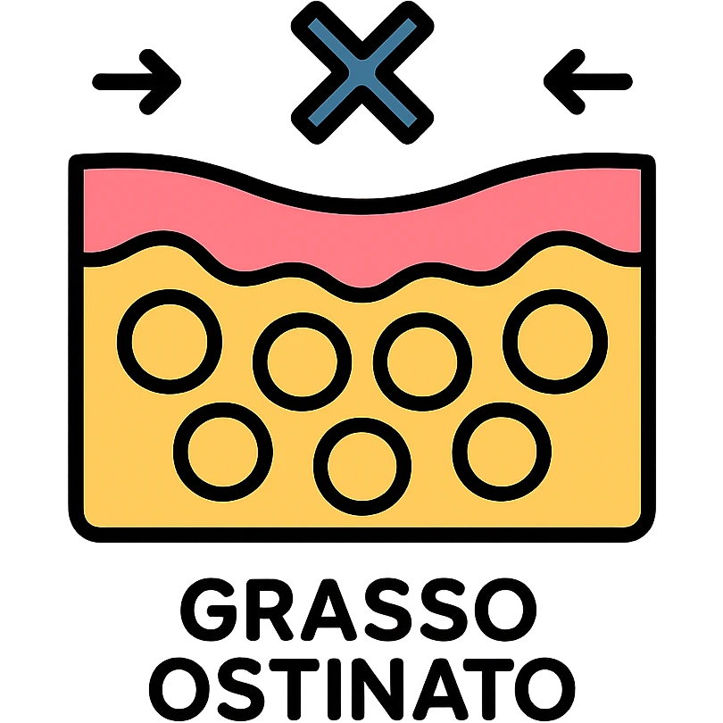 stubborn fat cells, infographic style, simple icons, resistance symbols, short text 'grasso ostinato' emoji