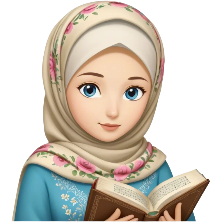 Turkish blonde floral design Hijabi girl with blue eyes and beautiful finish reading quran emoji
