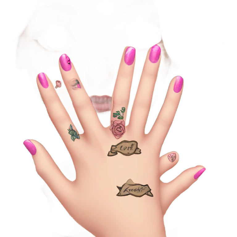 White girl arm with pink nails and tattoos emoji