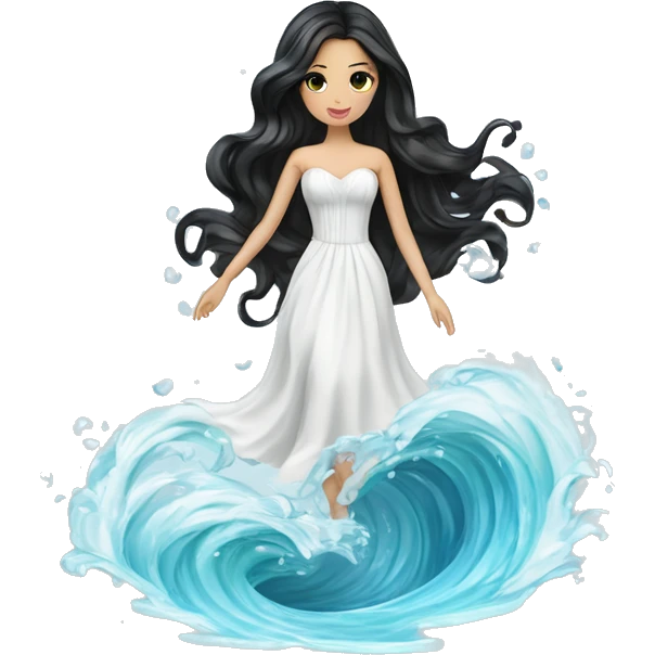 Pretty young Lady doll posing posed pose with long black hair flowers in hair white dress surrounded by flowing water water swirls waves emoji