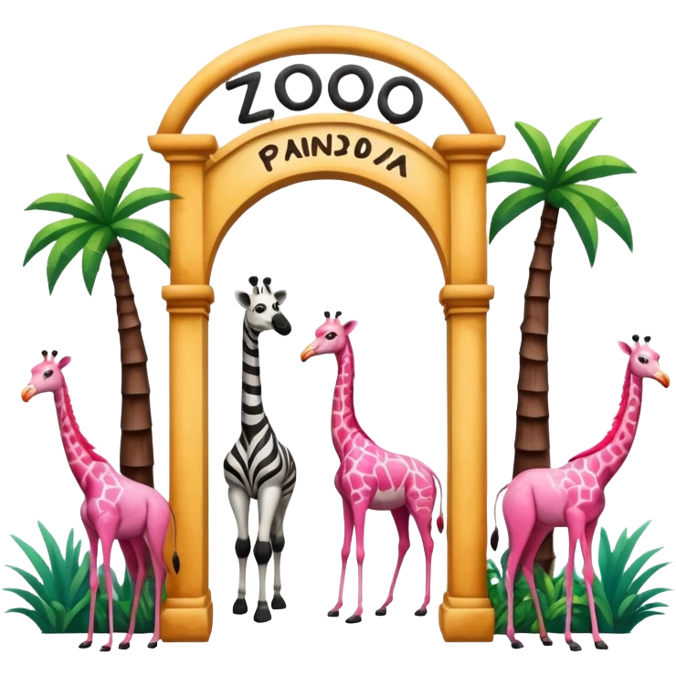 wooden archway labeled 'zoo' with giraffe, panda, zebra, and flamingo gathered at entrance, realistic hand-drawn emoji style, avoiding AI or digital look emoji