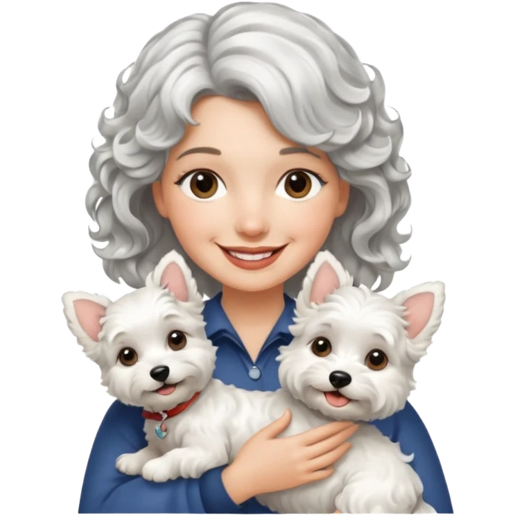 silver, short, wavy-haired with loose curls, smiling pretty lady holding a westie dog emoji