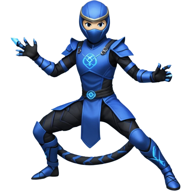 NIGHTCOIL: Dark flexible suit with electric-blue circuitry. Electrified whip crackling with energy. Lightweight armor, fingerless gloves, serpent insignia. Agile, playful, unpredictable. Mid-motion stance, whipping around enemies or structures. he is a ninja inspired by Mortal Kombat emoji