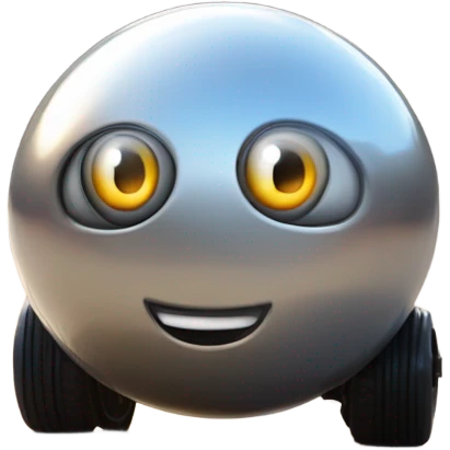 Metal ball with oval-shaped eyes driving on 4 car wheels emoji