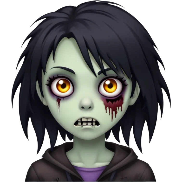 creepy zombie girl, black shaggy medium hair, emo, dark and spooky expression emoji