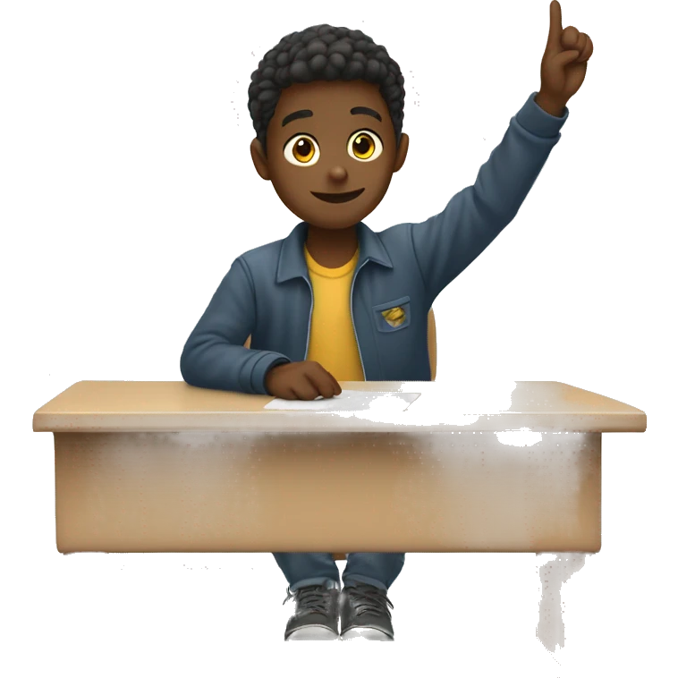 boy is sitting at school desk, hand is raised emoji