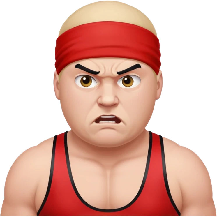 Close-up of white skin fat guy with young face, no muscle with prominent black durag, completely shaved face, no beard or mustache, black eyes in a red and black wrestling singlet with angry face emoji