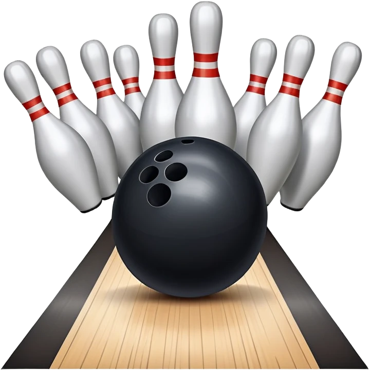A bowling ball rolling down the lane towards a set of pins, with the pins poised to fall. The scene is set in a bowling alley with bright lights and a polished wooden floor, capturing the excitement and precision of the sport. emoji