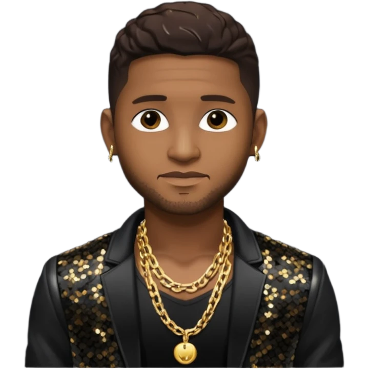 Usher with dark brown hair, black sequin jacket, shirtless with necklace  emoji